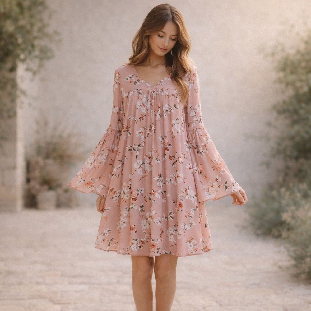 Emma Knudsen Floral Empire Dress Pink Boho Bell Sleeve XS Canada